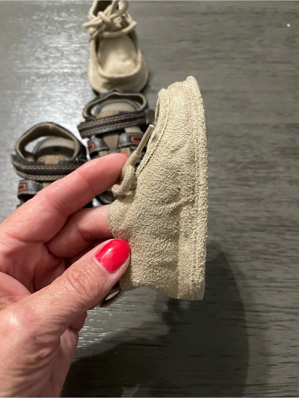 Set of Koala Kids Beige Suede Moccasins size 2 & Brown Sandals size 3